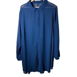 Torrid Sheer Button Up Long Sleeve Women's Tunic Blouse Navy Blue Sz 3X